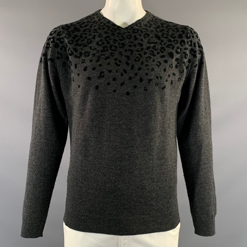 KOLOR Size XL Grey Black Leopard  Print Wool V Neck Pullover